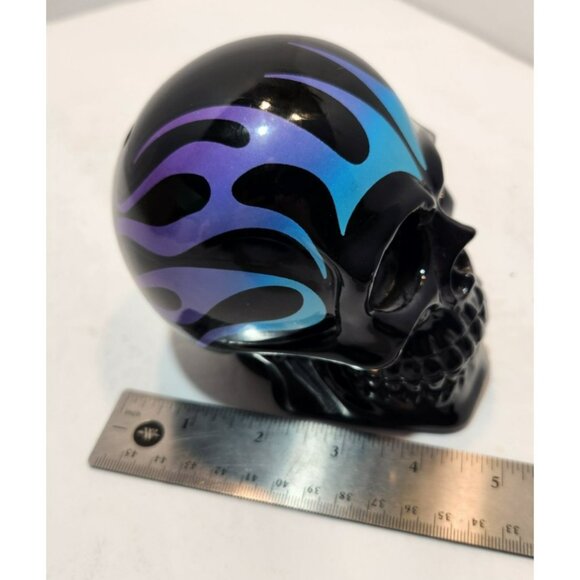 Flaming Skull Plastic Piggy Bank Blue Purple Black w/ Stopper Halloween Decor - Picture 15 of 15
